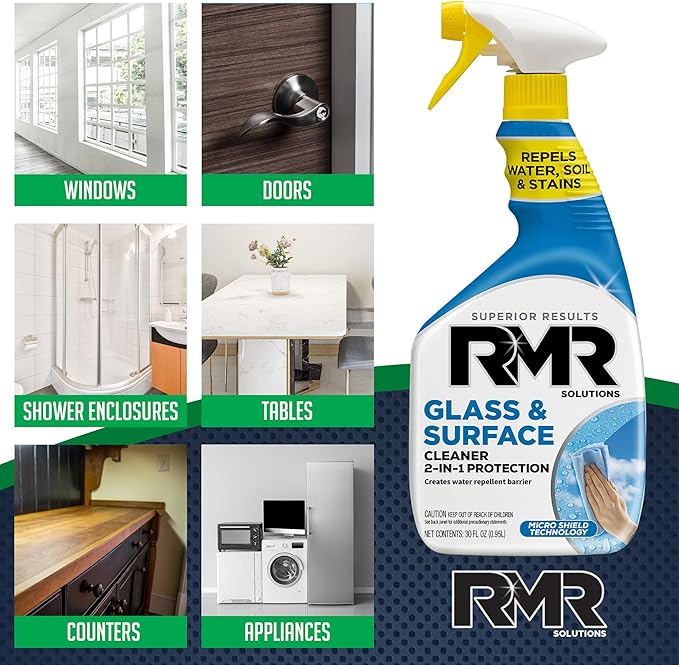 RMR Shower Spray, 2-in-1 Glass and Surface Cleaner Plus Repellent, Streak-Free Multi-Surface Treatment for Window, Car, and More, 30-Fluid Ounce Spray Bottle
