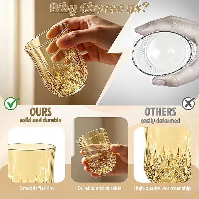 12 Pack Plastic Stemless Wine Glasses,12oz Unbreakable Vintage Elegant Drinking Glass Set,Reusable Fancy Cocktail Cups for Party, Wedding, and Bulk Events (12, 12oz-Gold)