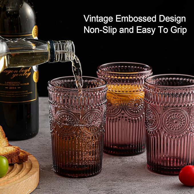 ZMOWIPDL Vintage Glassware Drinking Glasses Set of 6,13 oz Purple Textured Flower Design Glass Water Tumblers，Embossed Striped Drinkware for Water,Cocktails,Juice,Iced Coffee