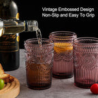 ZMOWIPDL Vintage Glassware Drinking Glasses Set of 6,13 oz Purple Textured Flower Design Glass Water Tumblers，Embossed Striped Drinkware for Water,Cocktails,Juice,Iced Coffee