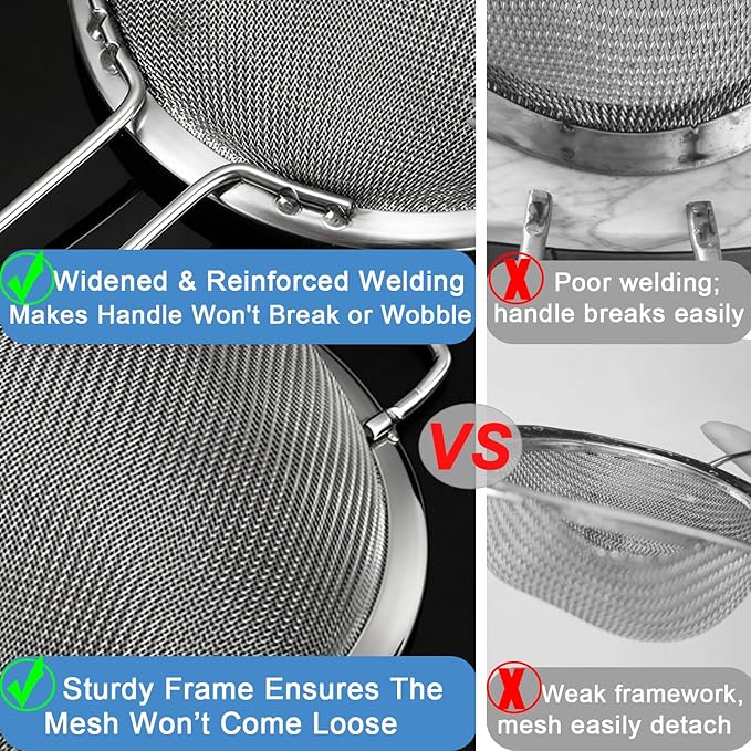 8.7" Large Fine Mesh Strainer Set with Sturdy Handle, Stainless Steel Sieve Flour Sifter, Kitchen Metal Colander for Rice, Quinoa, Pasta, Fruit, 2 Pack