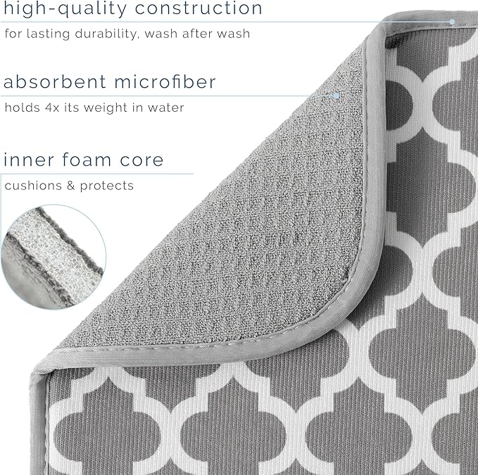 S&T INC. Dish Drying Mat, 16” x 18”, Absorbent Microfiber Kitchen Counter Mat, Dish Drying Pad for Dishes, Utensils, Pots and Pans, Large, White Trellis