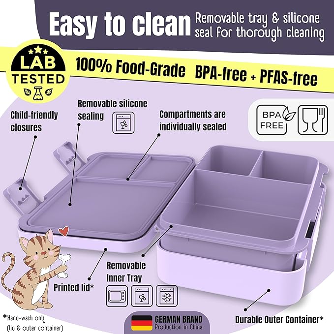 BEARFOOT Bento Box Compact, BPA-Free Children's Lunch Box for School & Nursery, Leak-Proof Lunch Box for Girls and Boys, Practical, Lightweight and Compact (Mermaid Purple, 4 Cups)