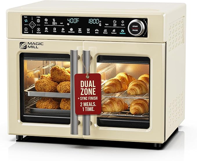 Magic Mill 32QT Dual Zone Air Fryer Oven – Ivory Cream, 13 Accessories, 10-in-1 Functions, Sync Finish, Rotisserie, LED Display, Family-Size French Door Convection Oven