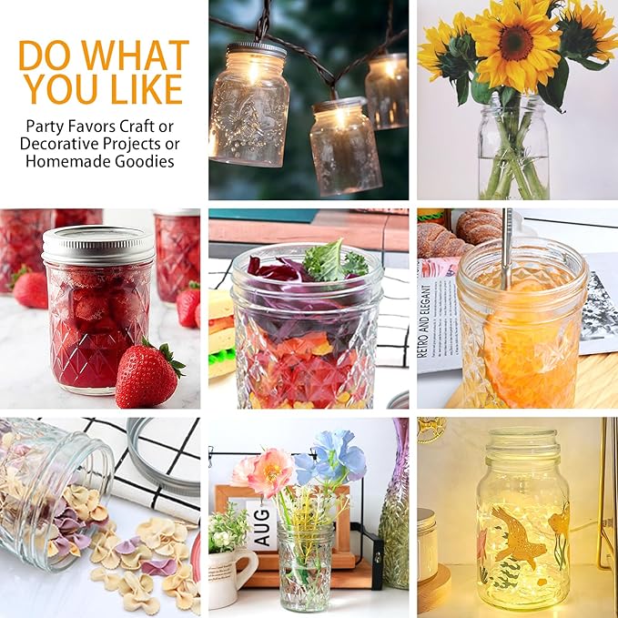 8oz Mason Jars,Canning Jars,Jam Jars for Jelly,Honey,Wedding Favors, Food Storage for Kitchen & DIY Gifts,with Lables,Pen and Sponge Brush,Set of 8