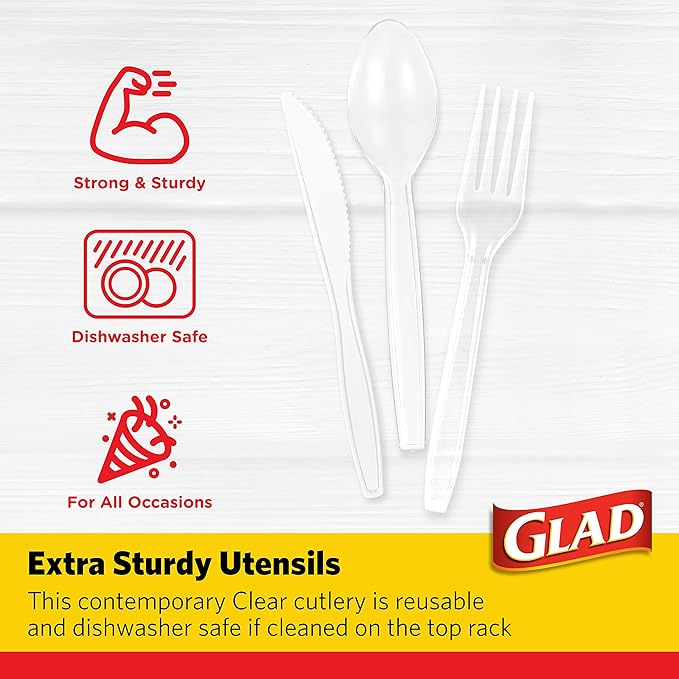 Glad Premium Assorted Plastic Cutlery | Clear Extra Heavy Duty forks, Knives, And Spoons | 150 Piece Set of Disposable Party Utensils, and Sturdy Cutlery - 6 Pack