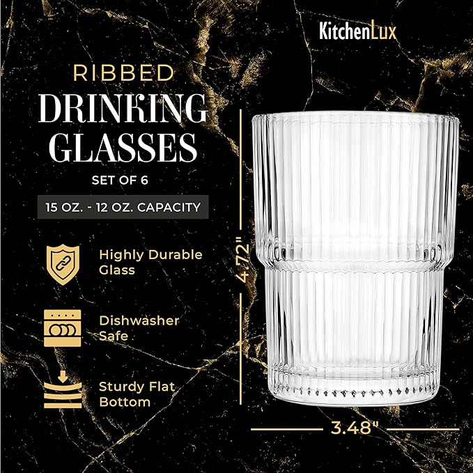 Kitchen Lux Ribbed Drinking Glasses - Ribbed Glass Cups 15 oz - Ribbed Glassware Set of 6 - Textured Vintage Retro Ripple Aesthetic Glass Ware for Whiskey Cocktail Beer Water, Coffee Bar Accessories