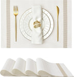 Leetaltree Luxury White Placemats with Gold Stripes Placemats Set of 4 - Waterproof Washable for Wedding, Anniversary, Daily Use - Sparkling Table Decor - Hand-Cut