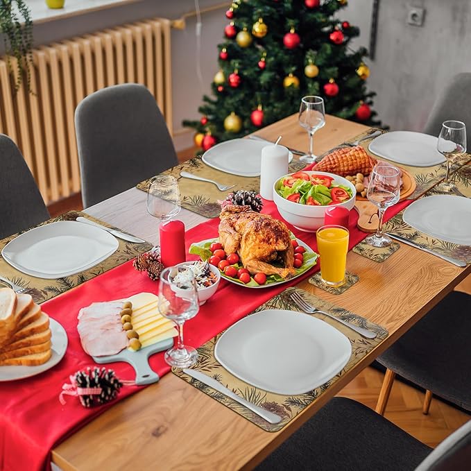 Le courant 16.9in 6PACK Winter Decoration Pinecone Placemats with 6 Coasters, Reversible Faux Leather Easy Clean Waterproof Stain Resistant Place Mats, for Home Party Dining Holiday Table Decor