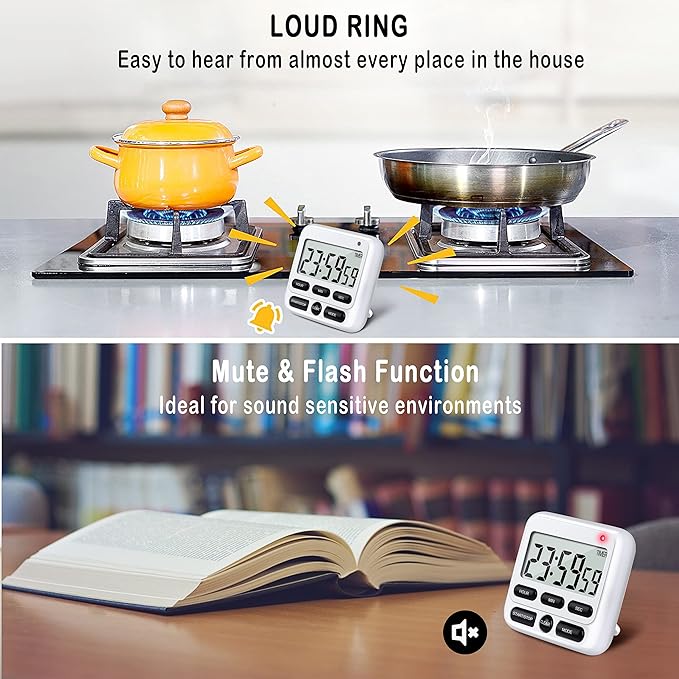KTKUDY Digital Kitchen Timer with Mute/Loud Alarm Switch ON/Off Switch, 12-Hour Clock & Alarm, Memory Function Count Up & Count Down for Kids Teachers Cooking, Large LCD Display, Strong Magnet (White)