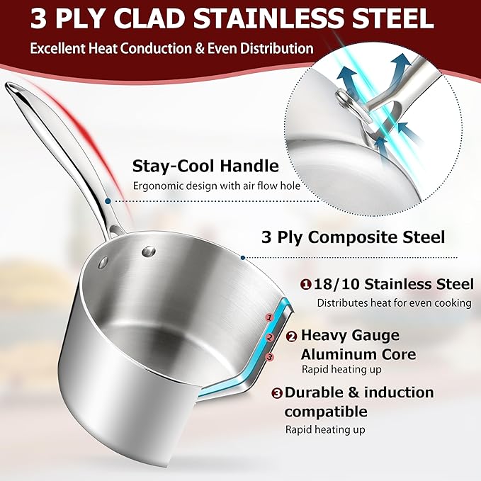 Homikit 1 Quart Saucepan, Tri-Ply Stainless Steel Sauce Pan with Lid, 1QT Small Induction Cooking Pot with Ergonomic Handle, Small Pan for Making Sauce, Warming Milk, Boiling Eggs, Dishwasher Safe