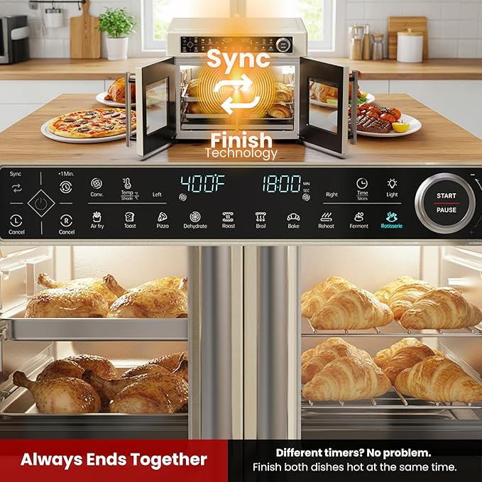 Magic Mill 32QT Dual Zone Air Fryer Oven – Ivory Cream, 13 Accessories, 10-in-1 Functions, Sync Finish, Rotisserie, LED Display, Family-Size French Door Convection Oven