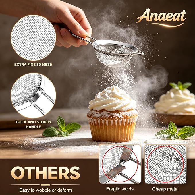 Anaeat Fine Mesh Strainers - Premium Stainless Steel Colander Sieve Sifters, with Durable Mesh and Sturdy Handle, Excellent for Sifting Dry ingredients, Flour, Pastas, Rice, Tea (7.09"）