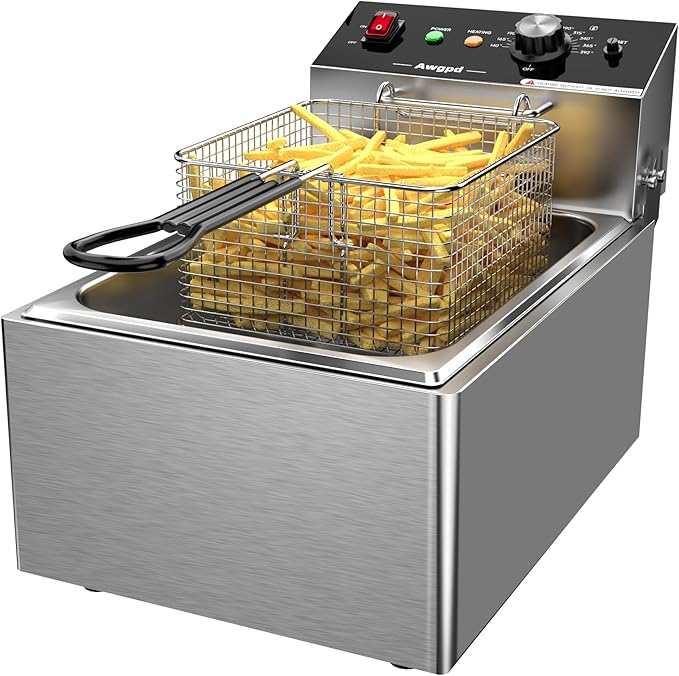 Electric Deep fryer Single Tank Deep Fryer with Basket Capacity 10L(10.5QT) Electric Countertop Fryer Stainless Steel Deep Fryers for Restaurant Home Use, 1700 Watts, 110V (10L)