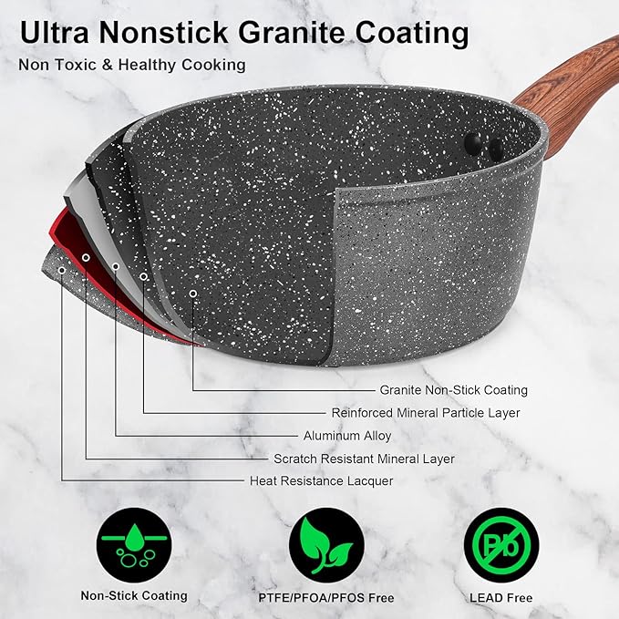 M MELENTA Granite Pots and Pans Set Non Stick, 11 Piece Die-Cast Induction Cookware Set, Nonstick Kitchen Cooking Set w/Frying Pans & Saucepans, PFOA Free