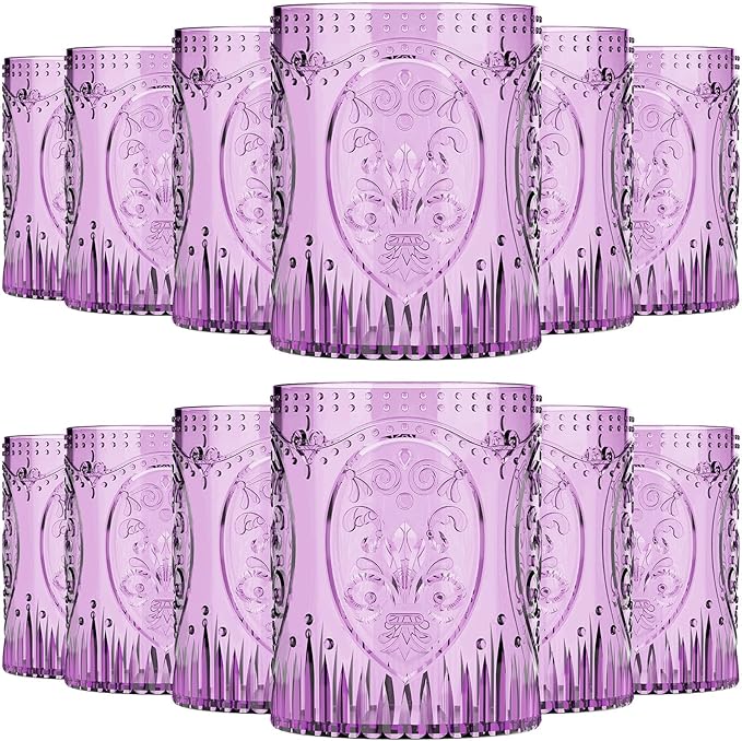 Qinyoung 12 Plastic Vintage Drinking Glasses 8.5oz Stemless Retro Embossed Wine Glasses Shatterproof Reusable Cups for Baby Shower Wedding Reception Grand Event Party (Purple)