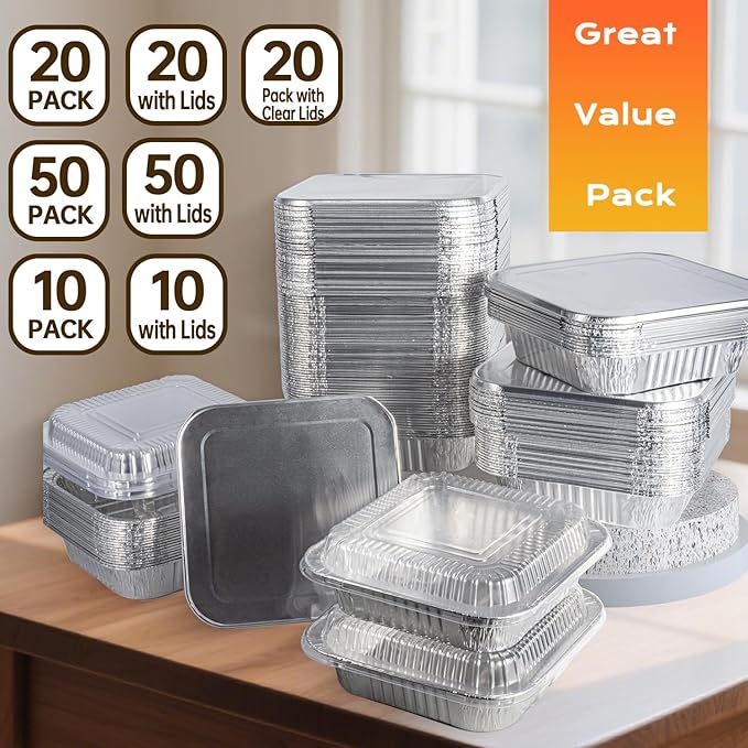 Aluminum Pans 8x8-10 Pack Disposable Foil Pans, Aluminum Roasting Trays for Holiday Cooking, Christmas, Parties Meal Prep, Storage, Heating and Baking