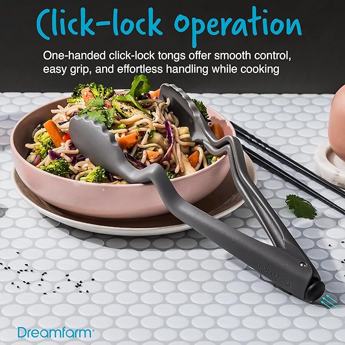 Dreamfarm Everyday Kitchen Essentials (Black) - Clongs Lite Click‑Lock Tongs, Supoon & Mini Supoon Scraper Spoons, Chopula & Mini Chopula Spatulas – Heat‑Resistant Nylon/Silicone for Cooking & Baking