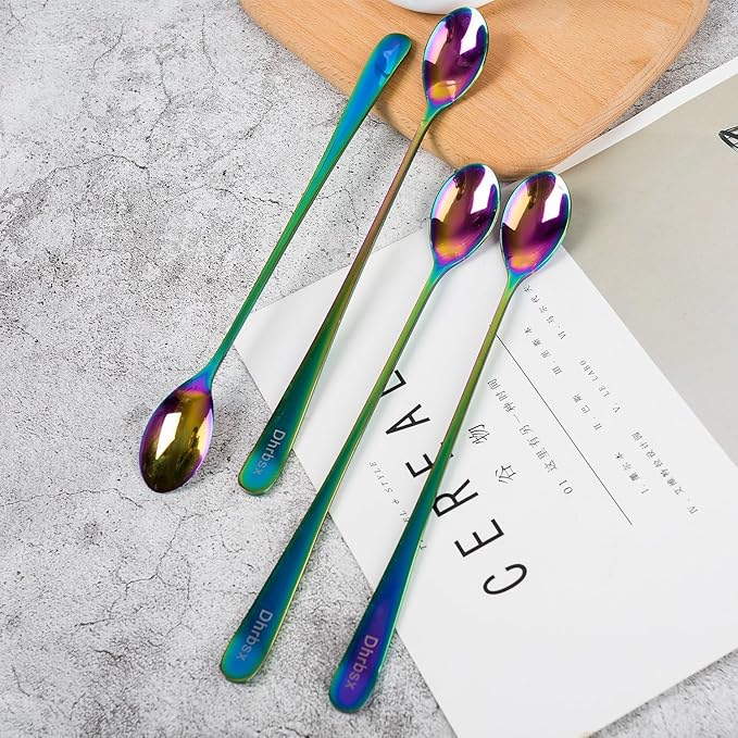 Long-handled ice tea spoon, cocktail stir spoons, stainless steel coffee spoons, ice cream scoop Set of 4 (9 IN)