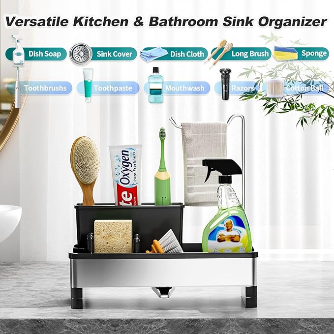 Ewaiira Stainless Steel Sink Caddy, Sponge Holder for Kitchen Sink with Brush Holder & Dishcloth Rack, Rustproof Sink Organizer Countertop, Kitchen Organizers Storage Essentials (D-Black 9.8″)