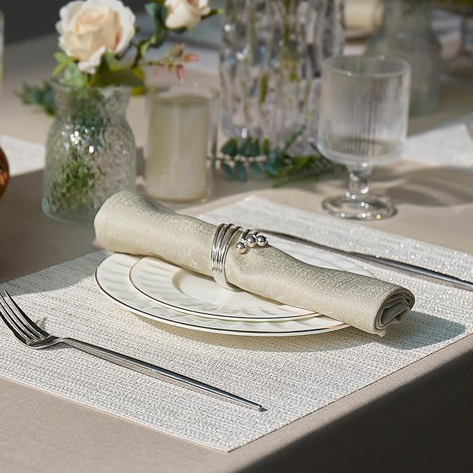 Leetaltree Luxury White and Silver Woven Placemats Set of 8 - Waterproof Washable Textured Table Mats for Wedding, Anniversary, Daily Use - Sparkling Metallic Thread Table Decor - Hand-Cut