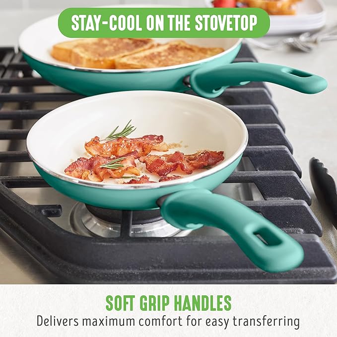 GreenLife Non Stick Fry Pan Set 7" & 10", Non-Toxic PFAS-Free Ceramic Skillet, Dishwasher & Oven Safe, Egg Omelet Frying Pan, Stay- Cool Handles, Kitchen Home Cooking Essentials, Turquoise (Pack of 2)