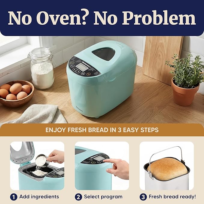 Elite Gourmet Programmable Bread Maker, 2 lb Loaf, 3 Sizes, 19 Presets incl. Gluten-Free, Dough & Jam, Delay Timer, Mint