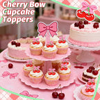 24 PCS Cherry Cupcake Toppers Pink Bow Cake Toppers Bowknot Cupcake Topper Ring She's the Cherry On Top Cake Decoration for Birthday Baby Shower Wedding Bridal Shower Party Supplies