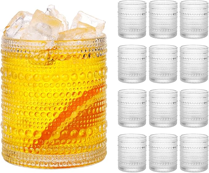 Moretoes Hobnail Drinking Glasses Set of 12,10 Oz Cocktail Glasses Vintage Glassware, Textured Glass Cups Bubble Glasses Water Glasses Old Fashion Jupiter Glasses Set (Clear)