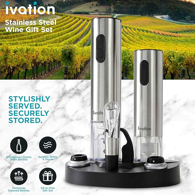 Ivation Electric Wine Gift Set – Includes Bottle Opener, Aerator, Vacuum Preserver, Stoppers, Foil Cutter & Charging Base