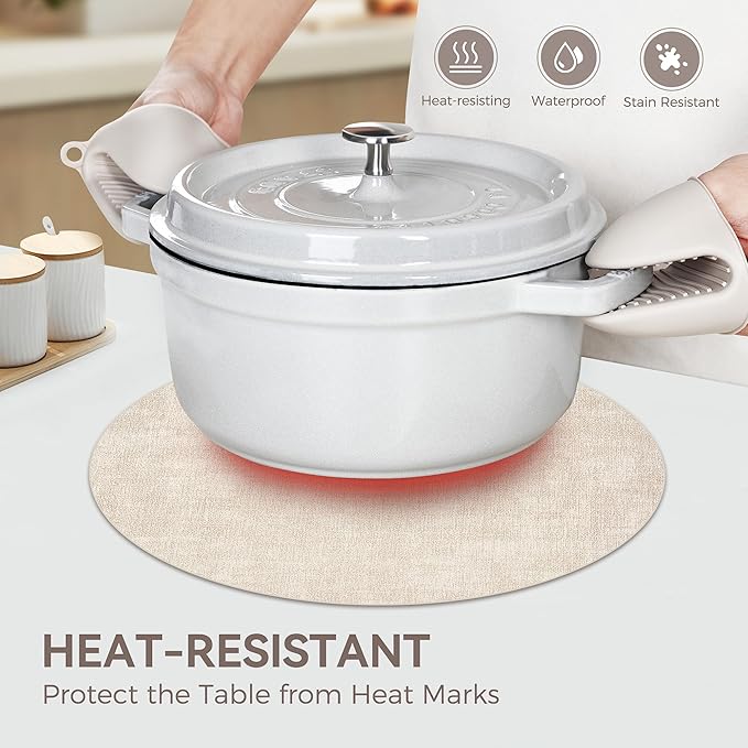 13" Round Placemats Set of 8, Reversible Faux Leather Heat Resistant Table Mats, 100% Waterproof Oilproof Wipeable Table Protective Placemats for Vinyl, Washable for Indoor & Outdoor Use (8, Beige)