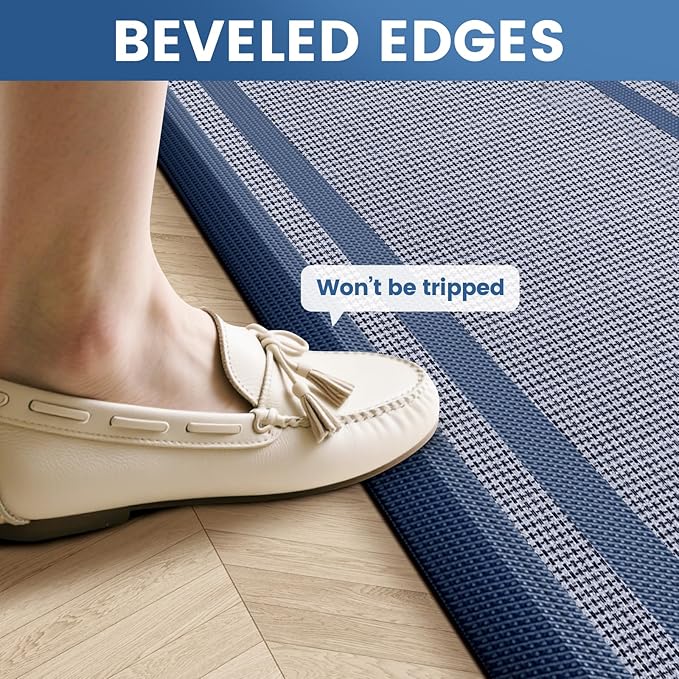 KitchenClouds [2 PCS Kitchen Rugs Cushioned Anti-Fatigue Kitchen Mats for Floor Waterproof Kitchen Rug Set Non-Slip Comfort Standing Mat for Office, Sink, Laundry 17.3"×28"+17.3"×60",Blue