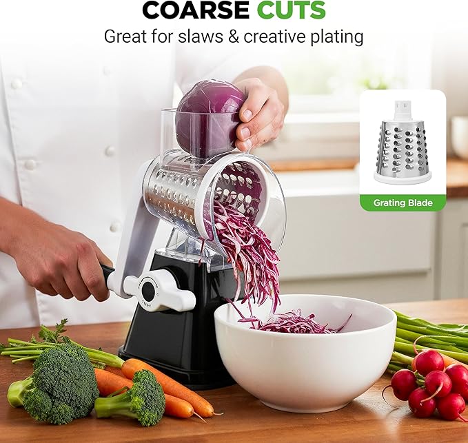 Nutrichef 3 in 1 Cheese Grater & Shredder | Strong Suction Base, Rotary Handle with Safety Lock | Includes Hand Crank & 3 Drum Blades for 3 Textures, Fine, Medium & Strips | Black