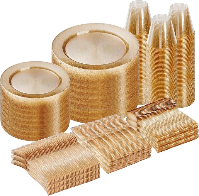 Goodluck 600 Piece Gold Glitter Disposable Plates for 100 Guests, Plates for Party, Wedding, Dinnerware Set of 100 Dinner, 100 Salad Plates, 100 Spoons, 100 Forks, 100 Knives, 100 Cups