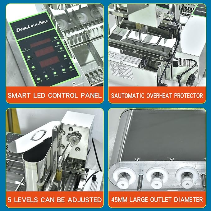 Kolice Commercial Mini Donuts Making Machine Frying Donuts Makchine - 4-Rows Production, 5.5L Hoppers, 1,800 Pcs Per Hour, Auto Counting, Timer and Temperature Control