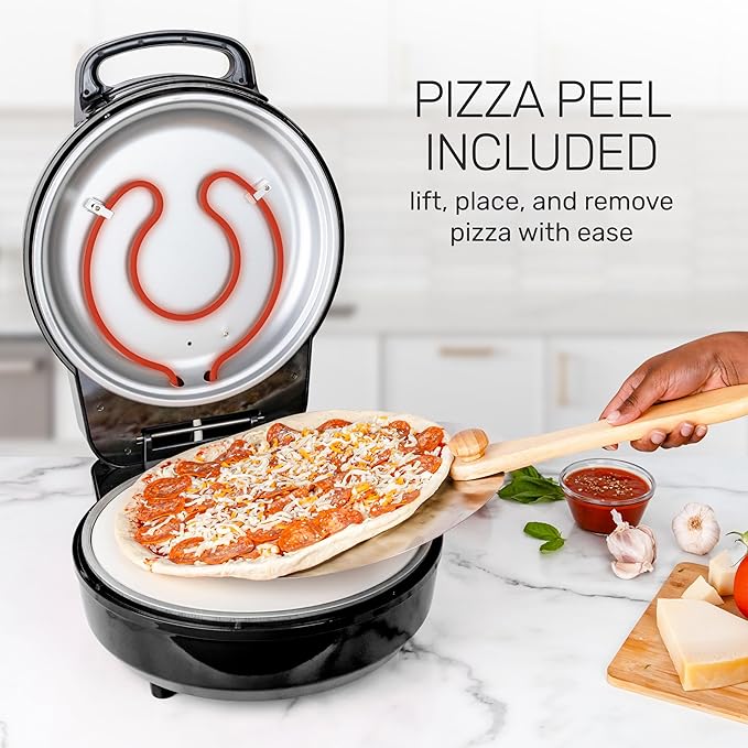 Homecraft Stone Baked Pizza Oven – 12in Woodfired Style Indoor Electric Countertop Pizza Maker – Ceramic Stone & Stainless Steel Peel – Variable Temp Control to 750°F – Homemade Pizza in Minutes-Black