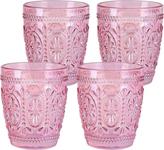 abrwyy 4Pcs Pink Glassware, Drinking Beverage Glass Cup, Vintage Drinking Glasses, Colored Glassware Set for Party Wedding Home Office Gift