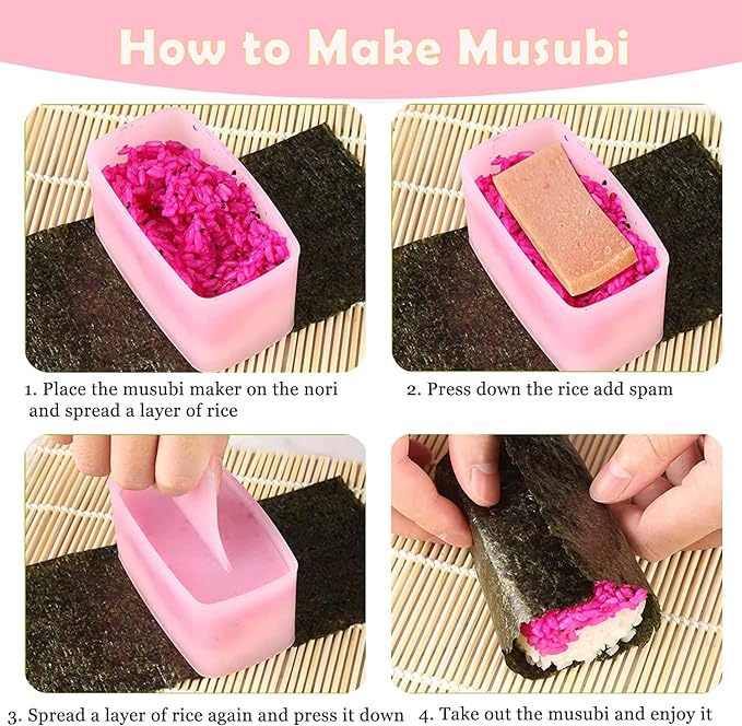 7 Pcs Onigiri Rice Ball Mold Maker Kit, Musubi Press, Classic Triangle Shake Sushi Roller Mat Tool for Kids Bento Lunch and Home DIY, Non-stick, BPA-Free