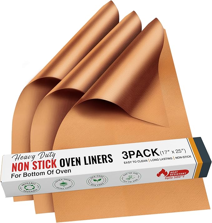 Non Stick Oven Liners for Bottom of Oven, 3 Pack Large Heavy Duty Mats, 17” x 25” BPA and PFOA Free Reusable Mat for Toaster Electric Gas Stove Microwave Charcoal or Gas Grills (Copper)