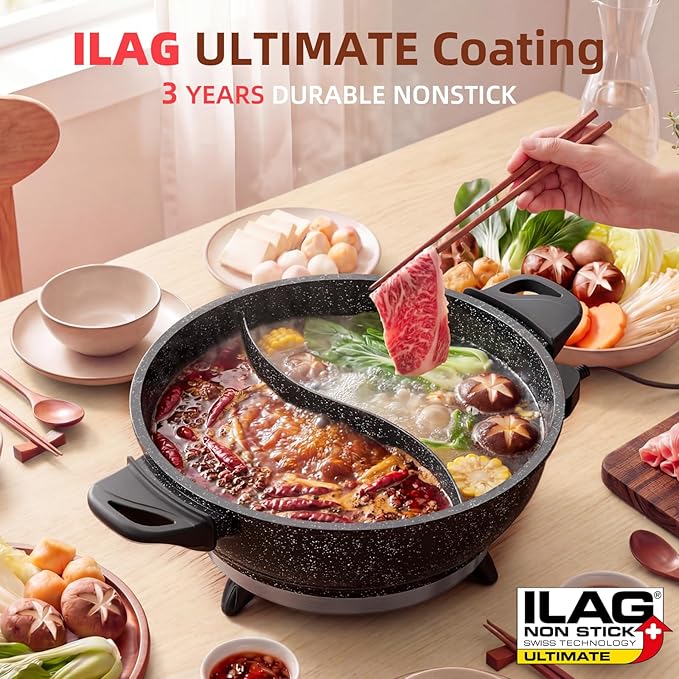TWIN™ Electric Hot Pot with Divider | EvenHeat Cast Aluminum Non-Stick Pot for No-Spot Cooking | 1500W Fast Heating | Dual-Flavor Shabu Shabu Pot for | 1-Yr Warranty | Granite Black