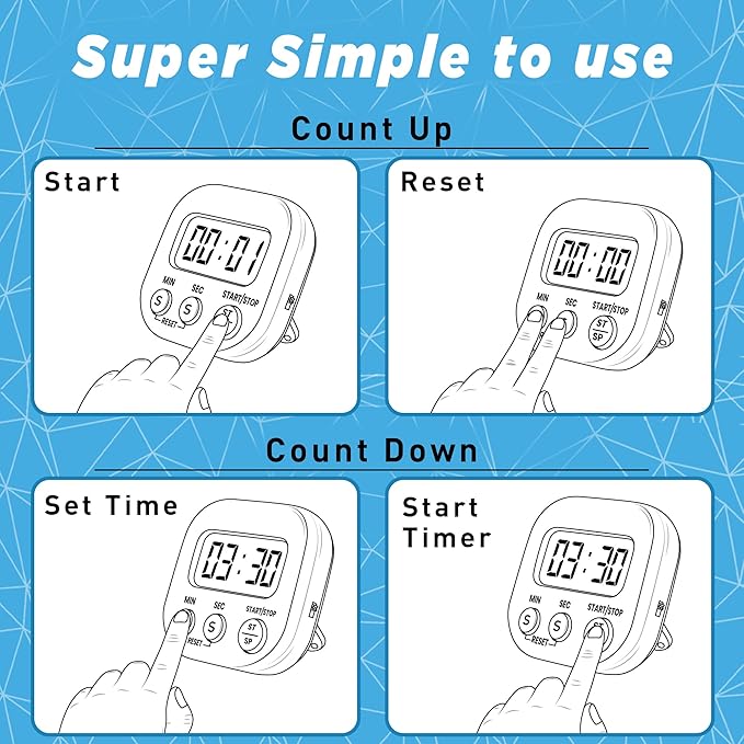 Kitchen Timers for Cooking and Baking with Big Digital Numbers and Loud Alarm Used in Cooking, Classroom, and Office.