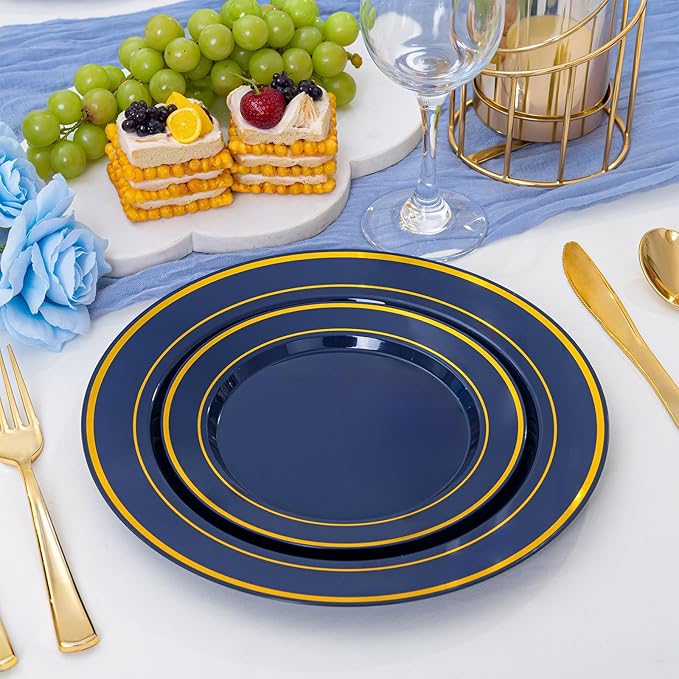 NOCCUR 200PCS Navy Blue Plastic Plates for 100 Guests - Include 100PCS 10" Dinner/ 100PCS 7" Dessert Disposable Plates Heavy Duty - Ideal for Party/Christmas/Hanukkah