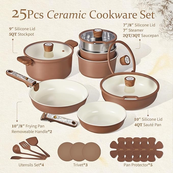 CAROTE 25-Piece Ceramic Cookware Set, Nonstick Pots and Pans Set with Detachable Handle, Non-Toxic Kitchen Cooking Set, Dishwasher & Oven Safe, Induction Compatible, PFAS Free, Chocolate
