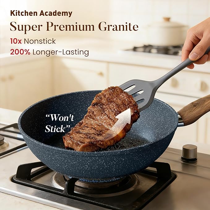 Kitchen Academy Pots and Pans Set Non Stick - 12 Piece Induction Kitchen Cookware Sets, Blue Granite Nonstick Cooking Pans Set