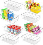 Snack Organizer for Pantry Shelf, 8 Pack Clear Plastic Pantry Storage Bins with 3 Dividers for Snacks, Spices, Chips Food Organizer, Stackable Pantry Organizers for Kitchen, Fridge, Cabinet