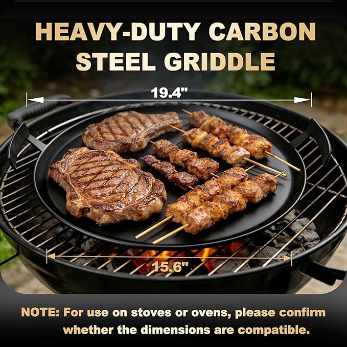 Universal 17" Round Carbon Steel Griddle for Grill Gas/Electric Stove Induction Cooktop and Oven, Thick Heavy-duty Carbon Steel, Vegetable Oil Pre-seasoned Nitrided Coating Process