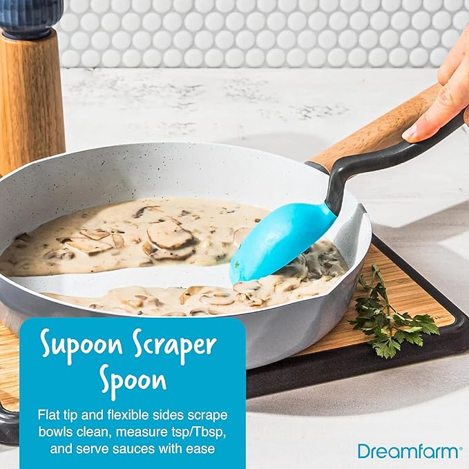 Dreamfarm Cooking Utensil Set (Dreamfarm Blue) – Tongs with Lock, Measuring Scraper Spoon, Jar Scraper, Multipurpose Spatula, Mini Turner – Non‑Stick Safe Nylon & Silicone Tools for Cooking & Baking
