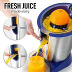 Zulay Electric Citrus Juicer - Makes Fresh Orange, Lemon, Grapefruit, Lime Juice - Stainless Steel, 160W Powerful & Quiet, Interchangeable Cones -Filters Out Seeds & Pulp- Dishwasher Safe Parts - Blue