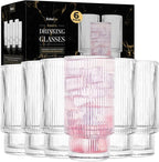 Kitchen Lux Ribbed Drinking Glasses - Ribbed Glass Cups 12 oz - Ribbed Glassware Set of 6 - Textured Vintage Retro Ripple Aesthetic Glass Ware for Whiskey Cocktail Beer Water, Coffee Bar Accessories