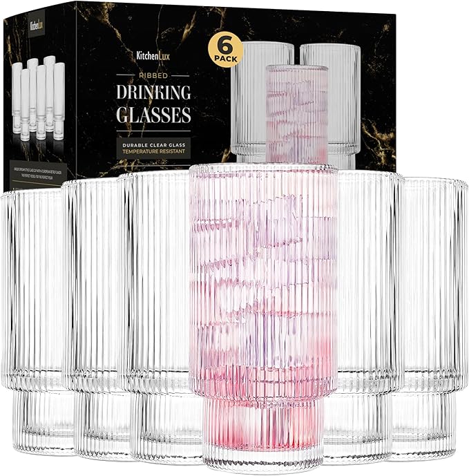 Kitchen Lux Ribbed Drinking Glasses - Ribbed Glass Cups 12 oz - Ribbed Glassware Set of 6 - Textured Vintage Retro Ripple Aesthetic Glass Ware for Whiskey Cocktail Beer Water, Coffee Bar Accessories